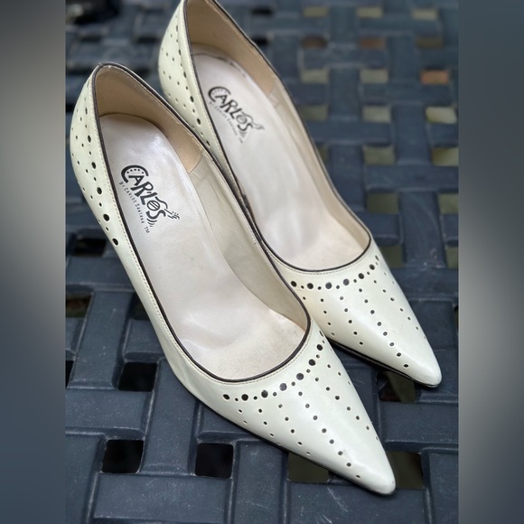 Carlos Santana Shoes - Carlos by Carlos Santana Leather Heels 9m Beige w Laser Cut outs. Made inBrazil